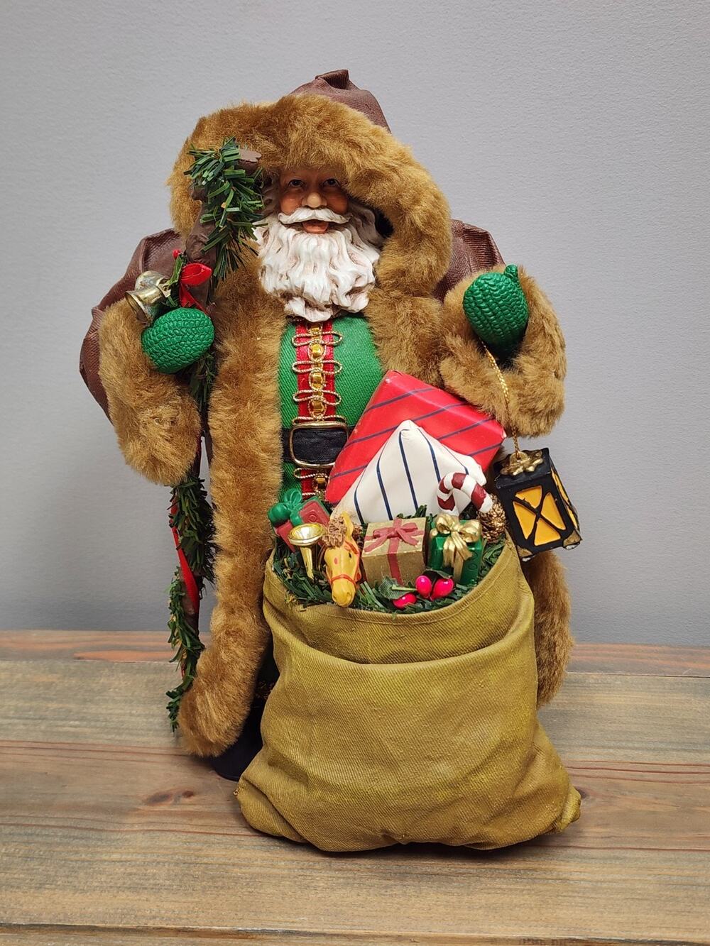 Grandeur Noel Clothique Santa Possible Dreams leather & Fur Coat Bag of Toys 11"